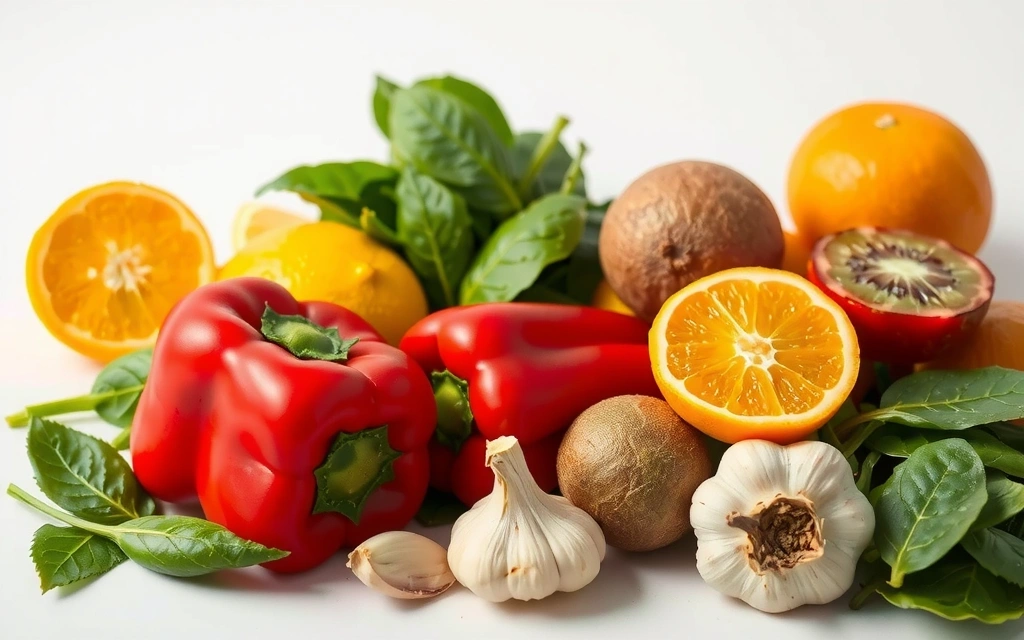 Assortiment de fruits et légumes riches en vitamine C et zinc