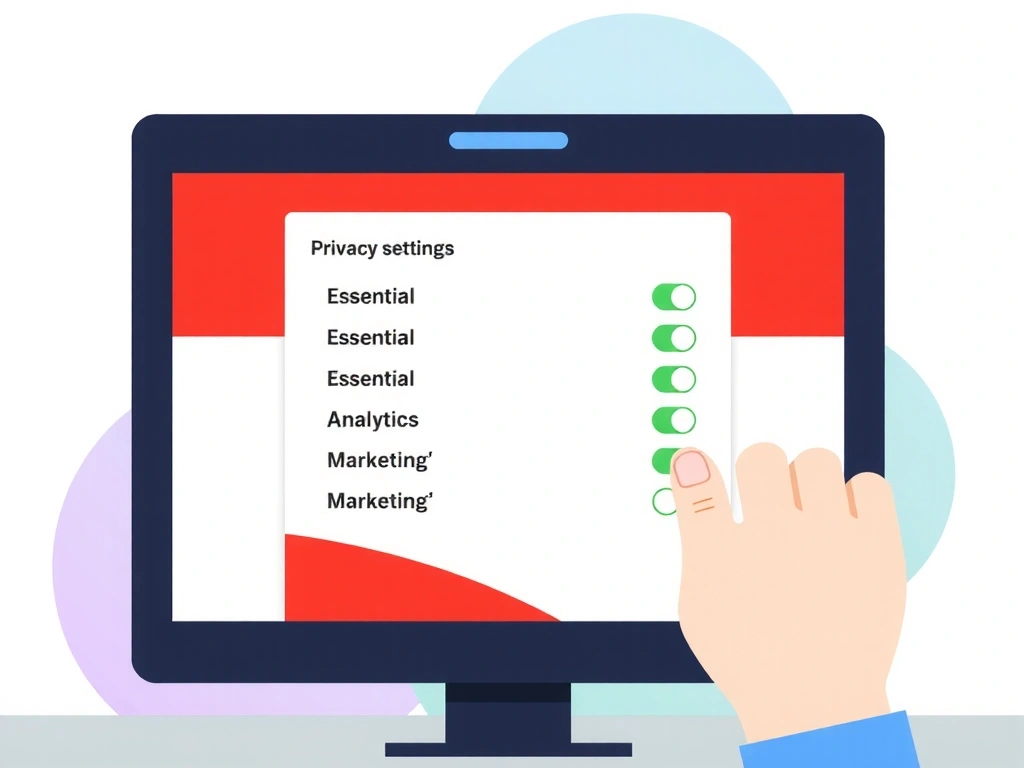 Illustration d'une personne ajustant les paramètres de confidentialité et de cookies sur un écran d'ordinateur, symbolisant le contrôle utilisateur.
