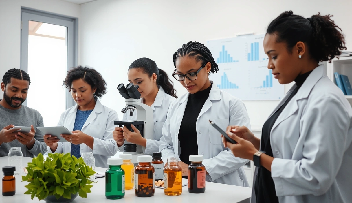 Personnes étudiant des plantes médicinales et des compléments alimentaires dans un environnement de laboratoire moderne