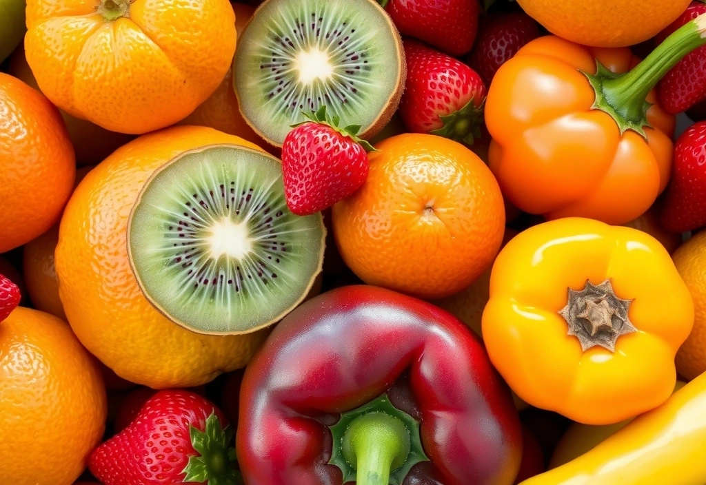 Assortiment coloré d'oranges, kiwis, fraises et poivrons, des sources riches en vitamine C, frais et juteux.
