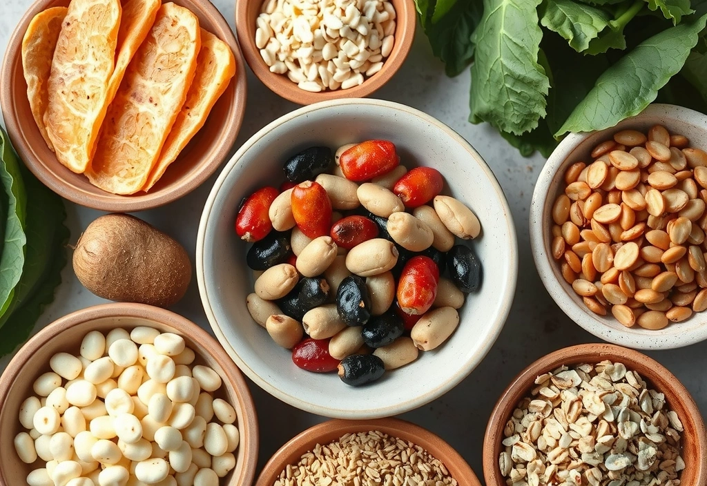 Variété de légumineuses, grains entiers et légumes verts, sources du complexe de vitamine B, disposés dans des bols en céramique.